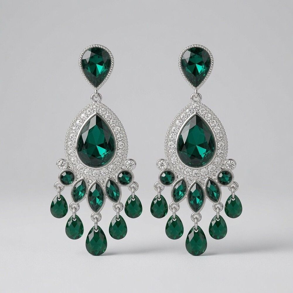 Emerald Green Teardrop Chandelier Earrings Silver Tone Dangle